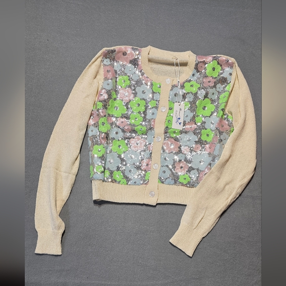 NWT Mermaid Fasion Floral Sequin Cardigan Sweater Size S/M & L/XL Available - Picture 2 of 10